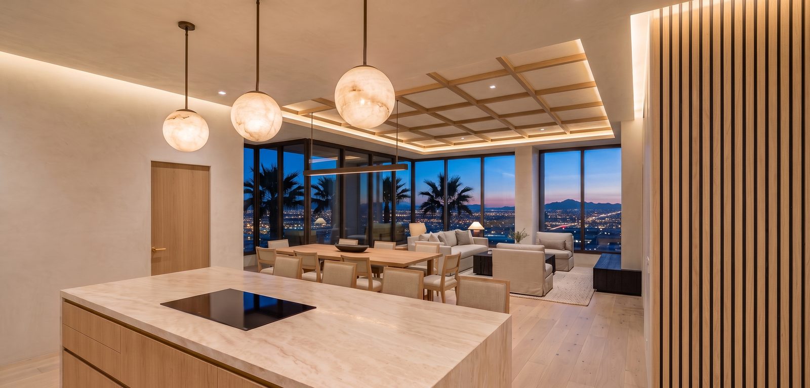 Rendering of the kitchen and great room in residence 403 Alta at blue hour