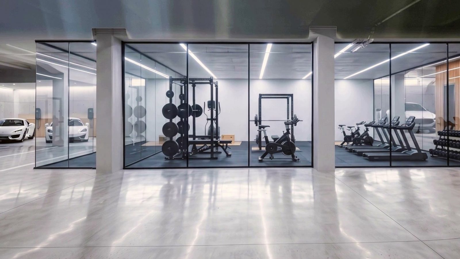 Rendering of the glass gym at garage level, cars beyond