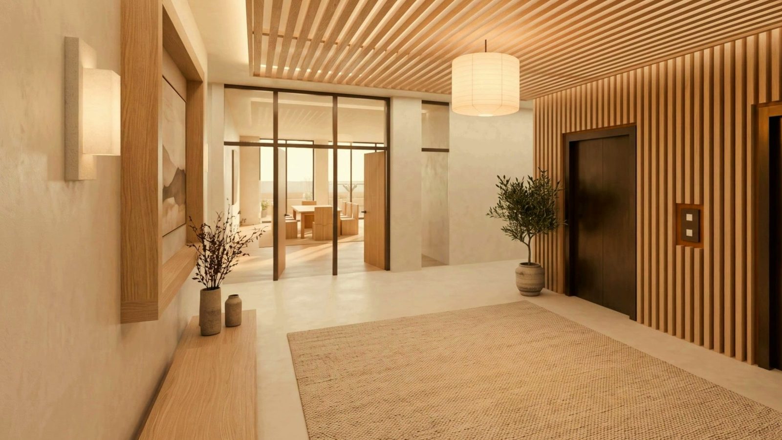 Rendering of the lobby, looking north through glass to the club room