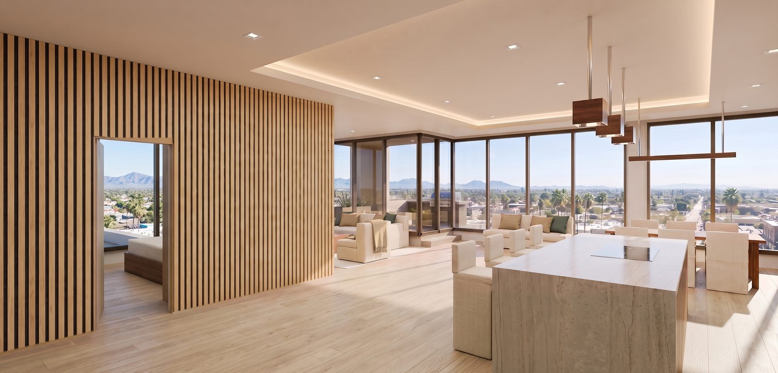 Rendering of the great room in residence 401 Serenia, wood slat wall and corner glass