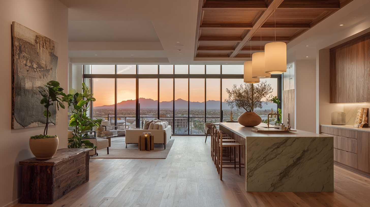 Lïef Midtown — Japandi-Sonoran great room and kitchen overlooking Camelback Mountain at dusk