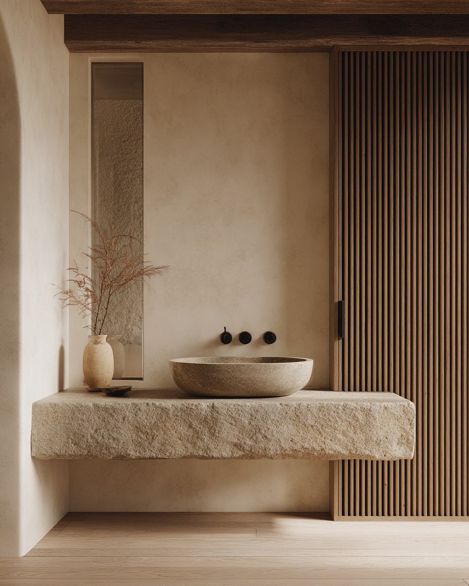 The Japandi palette — honed stone, plaster, white oak
